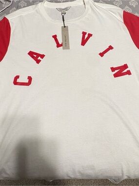 Men’s Calvin Klein Jeans White Tee with Red Logo and Sleeves